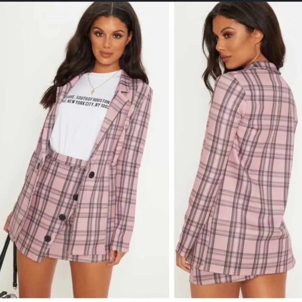 PRETTYLITTLETHING Pink Checkered Boyfriend Blazer Size 12